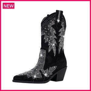 Sparkly Rhinestone Suede Western Boots Pointed Toe Chunky Heel Ankle Booties